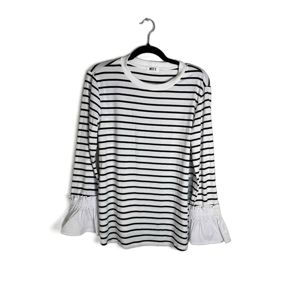 New West K Women's Black White Striped Long Flutter Sleeve Crew Neck Top Medium